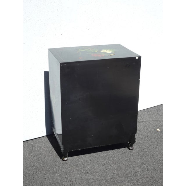 Vintage Oriental Black Lacquer Hand Painted Two Door Cabinet ~ Mother of Pearl For Sale - Image 12 of 12