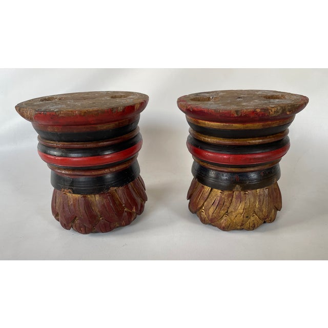 Pair of Antique Asian Capitals With Lotus Flower Design, Polychrome, Gilding For Sale - Image 4 of 8