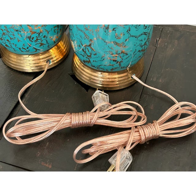 Teal Vintage Mid-Century Modern Ceramic Table Lamps in Turquoise and Gold - A Pair For Sale - Image 8 of 8