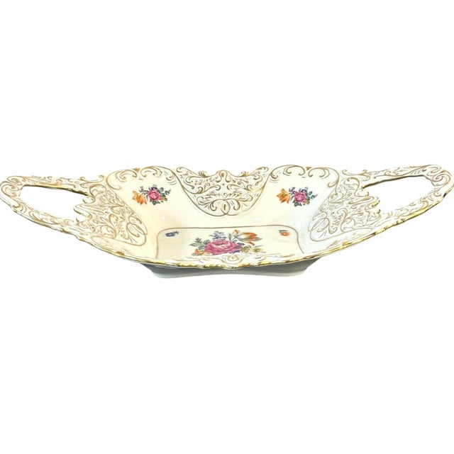 Rococo 1930s Graf Von Henneberg Jl Menau Germany Porzellan Hand Enameled Gold Accented Tray For Sale - Image 3 of 7