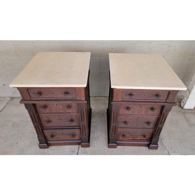 Aesthetic Movement Victorian Era Carved Nightstands / Dressers Late 1800's - A Pair For Sale - Image 4 of 18