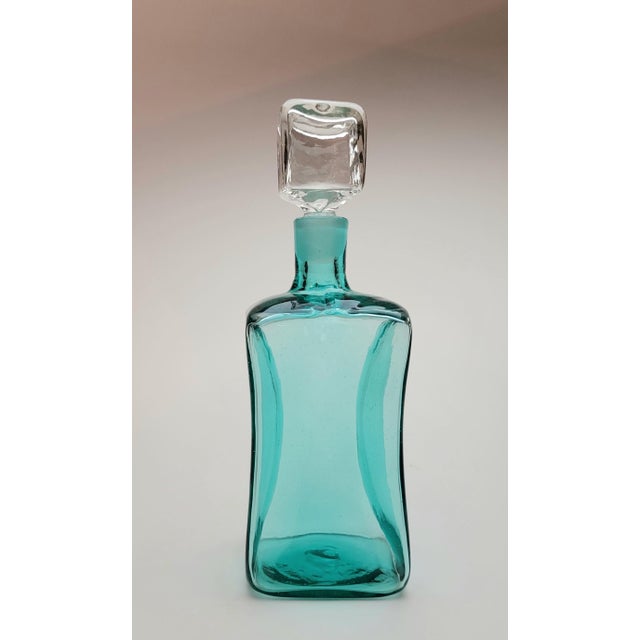 Beautiful Blenko art glass "ice cube" aqua green decanter with crystal clear stopper designed by Don Shepherd cira 1980's....