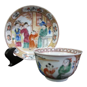 Chinese Porcelain Famille Rose Figural Tea Cup Bowl and Saucer Set