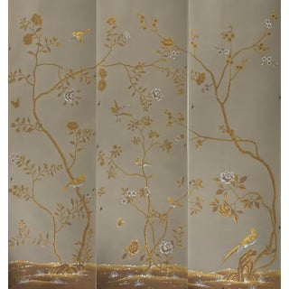 Hand Painted Chinoiserie Wallpaper Mural With Birds and Floral Branches – Luxury Scenic Wallcovering For Sale