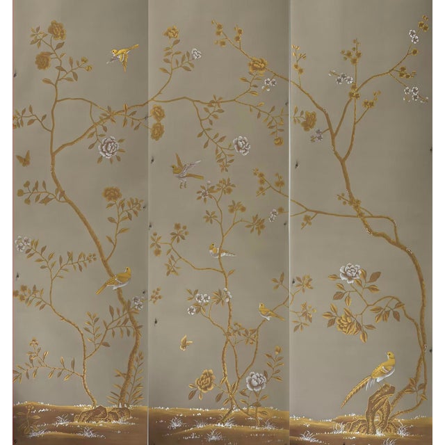 Hand Painted Chinoiserie Wallpaper Mural With Birds and Floral Branches – Luxury Scenic Wallcovering For Sale