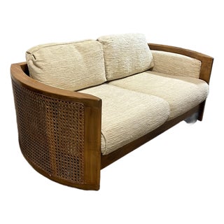 Mid Century Curved Oak and Cane Loveseat Sofa For Sale