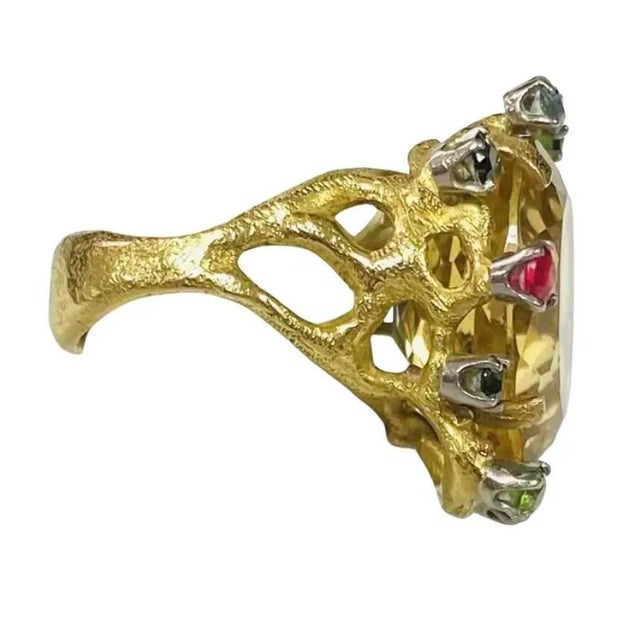 Large Citrine With Multiple Gemstones Ring 18k Yellow Gold For Sale - Image 4 of 7