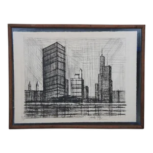 Vintage Bernard Buffet United Nations Building New York Cityscape Drypoint Etching
