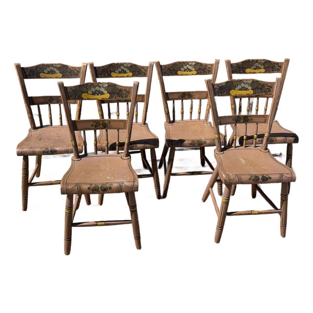 Antique Set of Six Lancaster County, Pennsylvania Paint Decorated Plank Seat Windsor Chairs, Circa 1840s–1850s For Sale