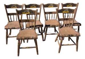 Antique Set of Six Lancaster County, Pennsylvania Paint Decorated Plank Seat Windsor Chairs, Circa 1840s–1850s