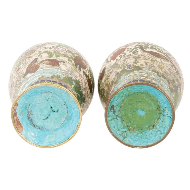 Antique White Pair of Meiji Japanese Cloisonne Enamel Vases With Ducks and Floral Scenes For Sale - Image 8 of 8