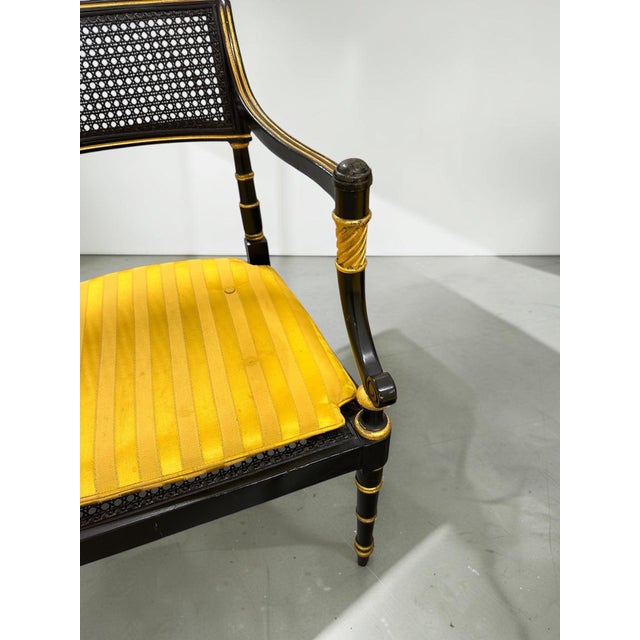 Baker Furniture Company Late 20th Century Set of Six Baker Furniture Regency Ebonized and Parcel Gilt Cane Dining Chairs For Sale - Image 4 of 14
