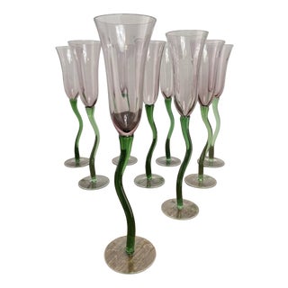 Tulip-Shaped Hand-Blown Glass Champagne Flutes with Twisted Stems, 1980s, Set of 9 For Sale
