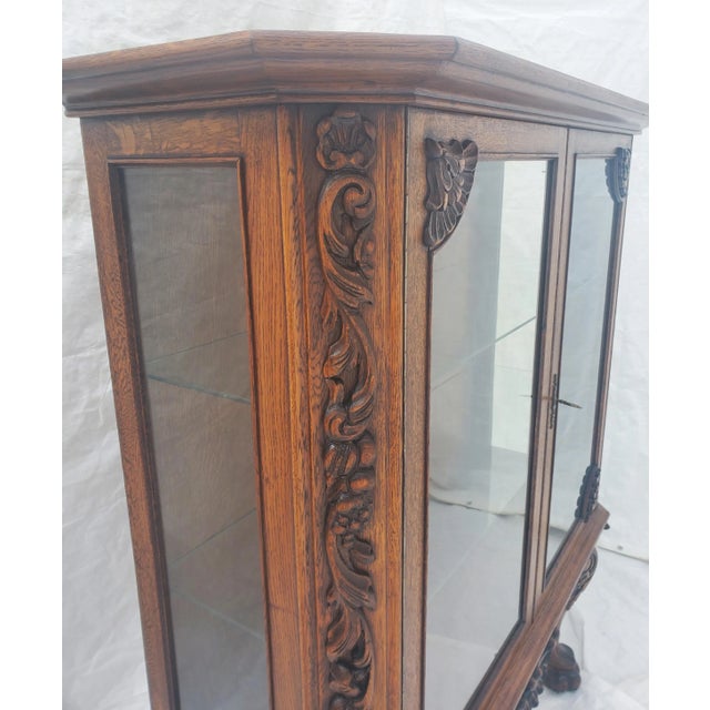 Antique 1920s Oak Display China Cabinet Display Hutch With Claw Feet & Ornate Carving For Sale - Image 11 of 13