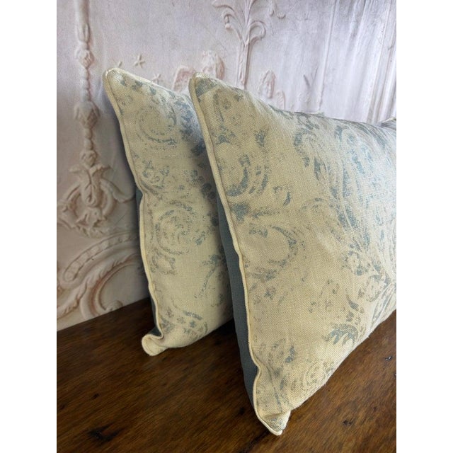Pair of Custom Printed Linen Lumbar Pillows in Faded Aqua Baroque Damask For Sale - Image 10 of 10