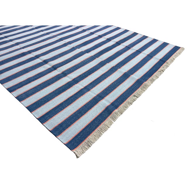 Casa Cosima Handmade Cotton Area Rug, Vegetable Dyed, Blue and Orange Striped Dhurrie -6'x9' For Sale - Image 4 of 13