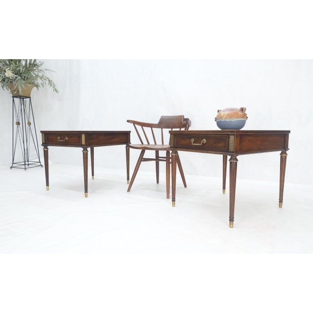 Mid-Century Modern Banded Top Fluted Tapered Legs One Drawer Low Profile End Tables Stands - A Pair For Sale - Image 3 of 12