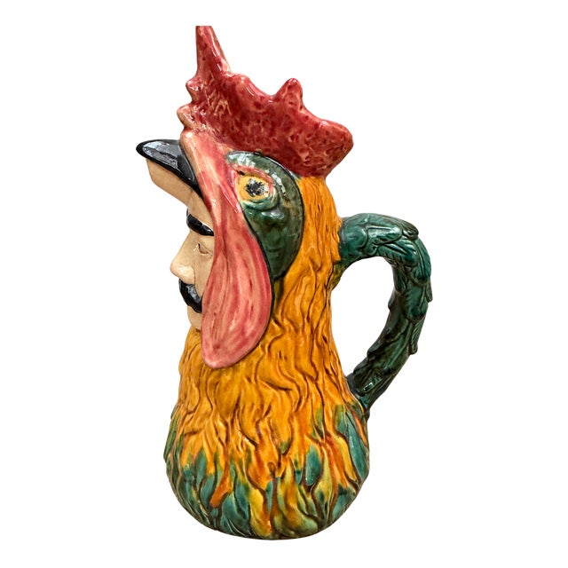 Figurative Pitcher in Polychrome Earthenware of Rooster with a Hidden Mans Face, 1890s For Sale