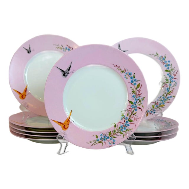 Antique French Floral & Butterfly Pink Limoges Porcelain Dinner Plates – Set of 10 For Sale