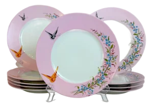 Antique French Floral & Butterfly Pink Limoges Porcelain Dinner Plates – Set of 10