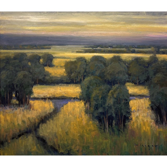 Open View by Seth Winegar | Oil on Board Landscape with fields and trees under a cloudy sky For Sale