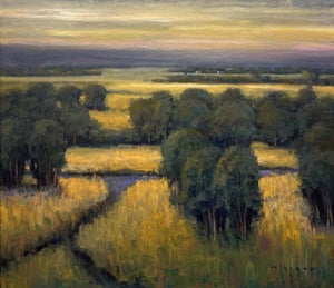 Open View by Seth Winegar | Oil on Board Landscape with fields and trees under a cloudy sky