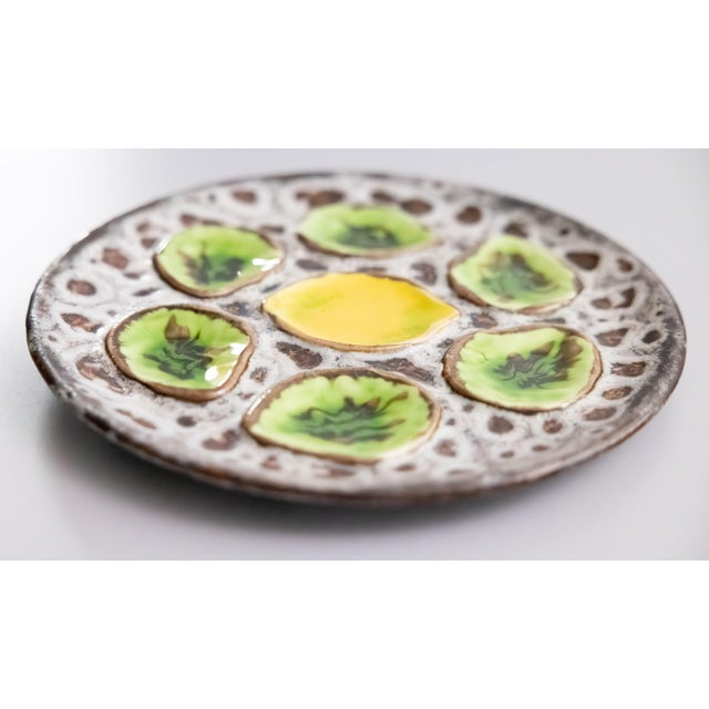 Contemporary Vintage French Green & Yellow Lemon Majolica Oyster Plate, After Vallauris For Sale - Image 3 of 5