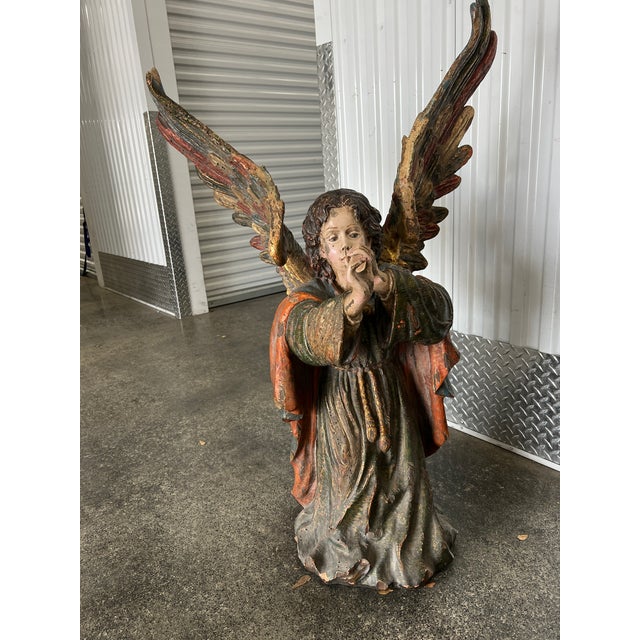 Large Late 20th Century Continental Hand Carved Wood Angels - a Pair For Sale - Image 4 of 11