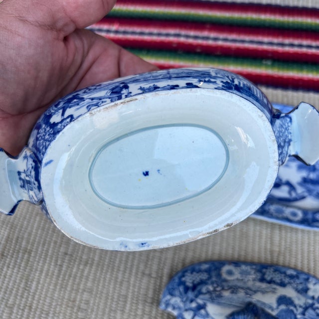A Antique Pearlware Blue Transfer Decorated Sauce Tureen W/Lid and Tray. Circa 1820's For Sale - Image 9 of 12