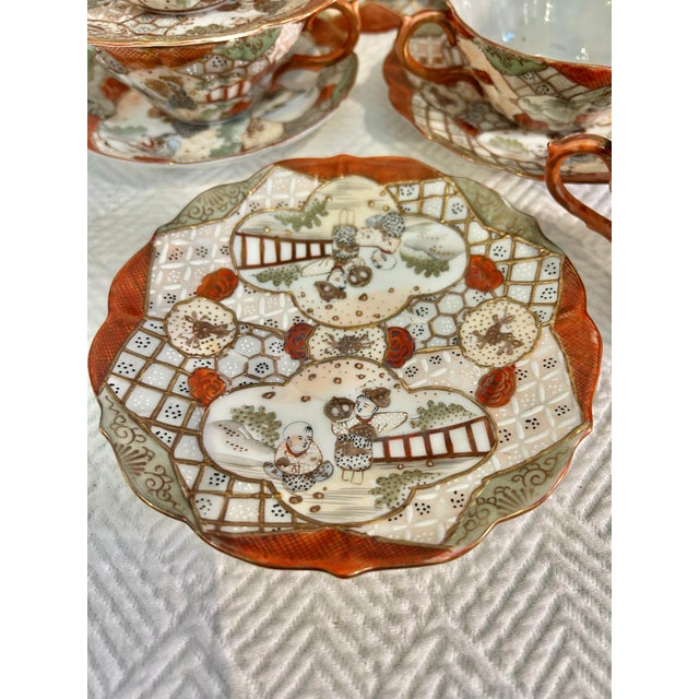 Early 20th Century Early 20th Century Japanese Kutani Hand Painted Eggshell Porcelain Cup and Saucers With 9” Serving Plate - 9 Pieces For Sale - Image 5 of 7