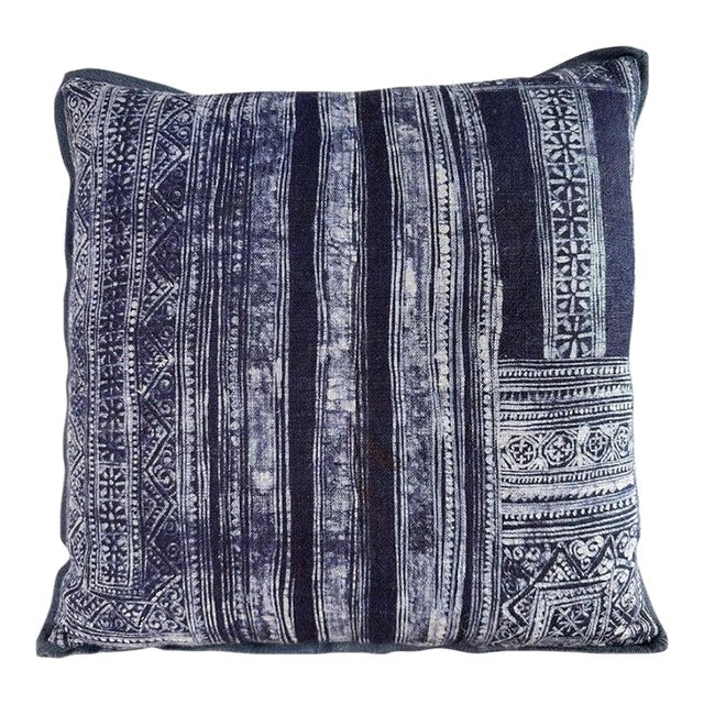 Antique Indigo-Dyed Textile Pillow, Linen, Geometric Motifs, Usa For Sale