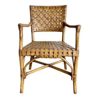 Boho Chic Bamboo Rattan and Woven Leather Arm Dining Chair For Sale
