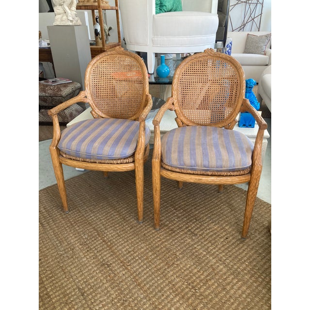 Faux Bois Arm Dining Chairs With Cain Backs and Rush Seats- A Pair For Sale - Image 4 of 9