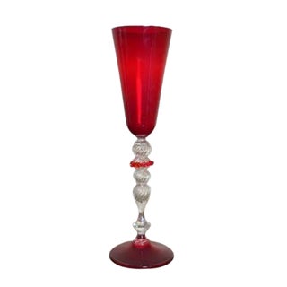 Mid 20th Century Italian Ruby Red Murano-Style Art Glass Flute With Twisted Gold Aventurine Stem For Sale
