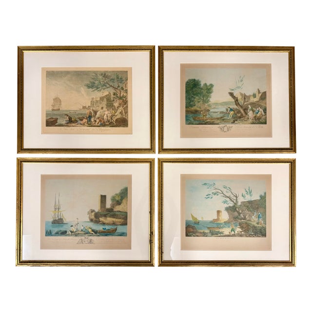 Set of Four Antique Hand-Tinted European Landscape Prints, Framed For Sale