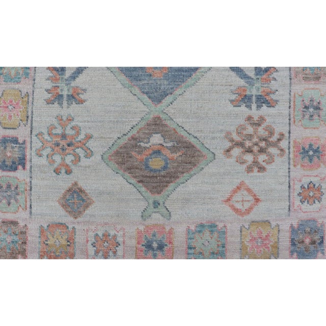 Baby Blue Colorful Modern Oushak Runner With Diamond Medallions and Multi-Tier Border For Sale - Image 8 of 12