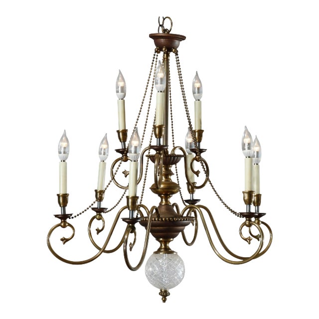 Vintage 20th Century French Nine-Light Tiered Brass and Crystal Chandelier For Sale