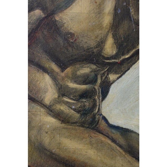 Vintage Art Deco Style Kneeling Male Nude Oil on Board Painting, Circa Mid 20th Century For Sale - Image 10 of 18