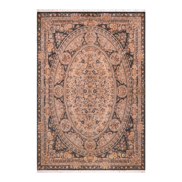 Elegant Medallion 1990's Pak-Persian Black/Tan Wool Rug - 9'0'' X 12'7'' For Sale