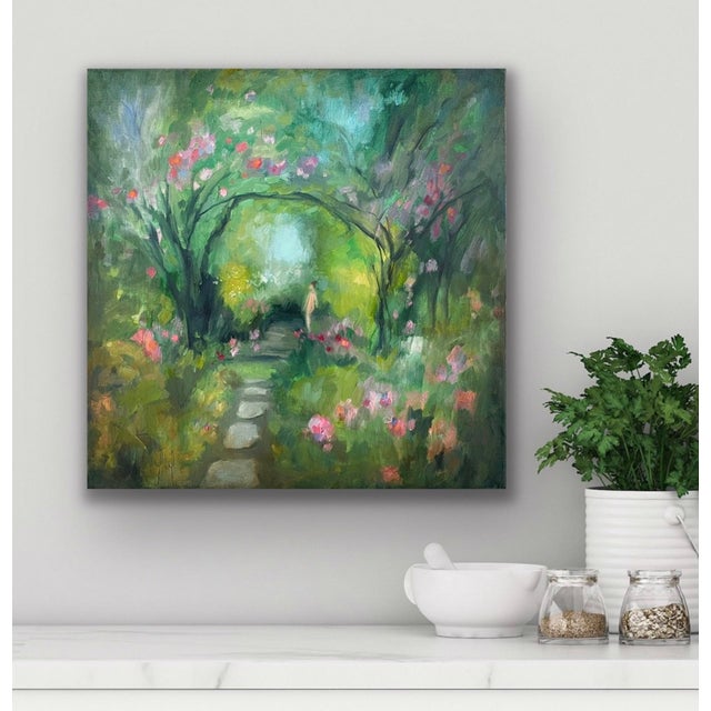 Secret Garden depicts a lush, inviting pathway meandering through a vibrant garden, framed by arching trees adorned with...