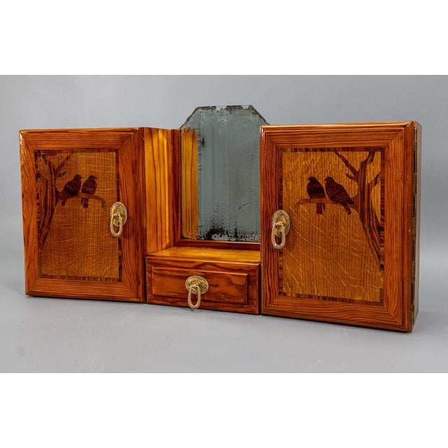French Art Deco Pine Wood Wall Cabinet with Bird Marquetry & Mirror, 1930s For Sale - Image 3 of 18