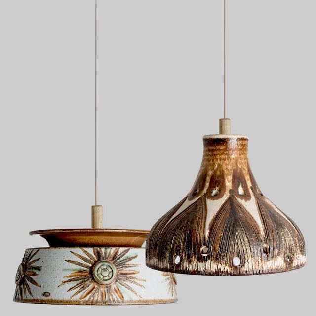 Flat Round Brown Ceramic Pendant Light, Denmark, 1970 For Sale - Image 11 of 17