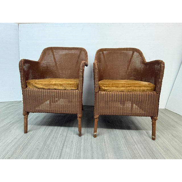 Rattan Bucket Lounge Chairs With Goldenrod Velvet Seat Pads, Pair For Sale - Image 4 of 12