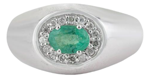 Emerald & Diamond Halo Statement Cocktail Ring in Sterling Silver, Size 7