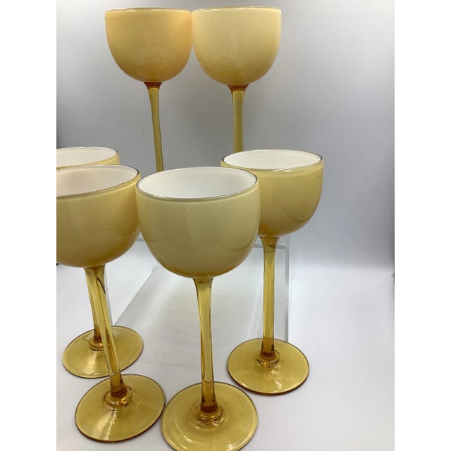 Glass Vintage Carlo Moretti Italy Amber White Cased Tall Stem Cordial Glasses - Set of 6 For Sale - Image 7 of 7