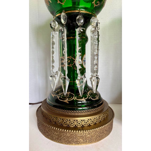Antique Emerald Green Glass Luster Table Lamps With Crystal Prisms - a Pair For Sale In Los Angeles - Image 6 of 12