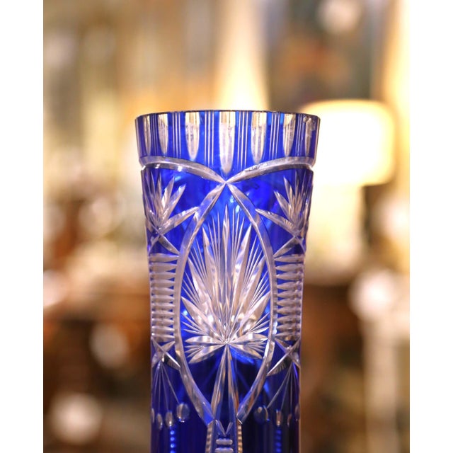 Traditional Mid-Century Czech Cobalt Cut-to-Clear Crystal Vase For Sale - Image 3 of 9