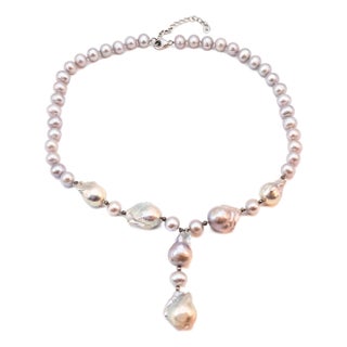 Vintage 18 to 20-Inch Cultured 9.15mm Grey Baroque Pearl Necklace With 925 Clasp For Sale
