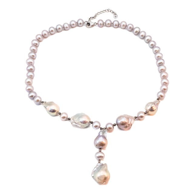 Vintage 18 to 20-Inch Cultured 9.15mm Grey Baroque Pearl Necklace With 925 Clasp For Sale