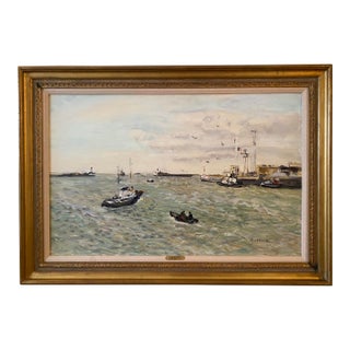1960s Gaston Sebire Remorqueurs Au Havre Post-Impressionist Oil Painting For Sale
